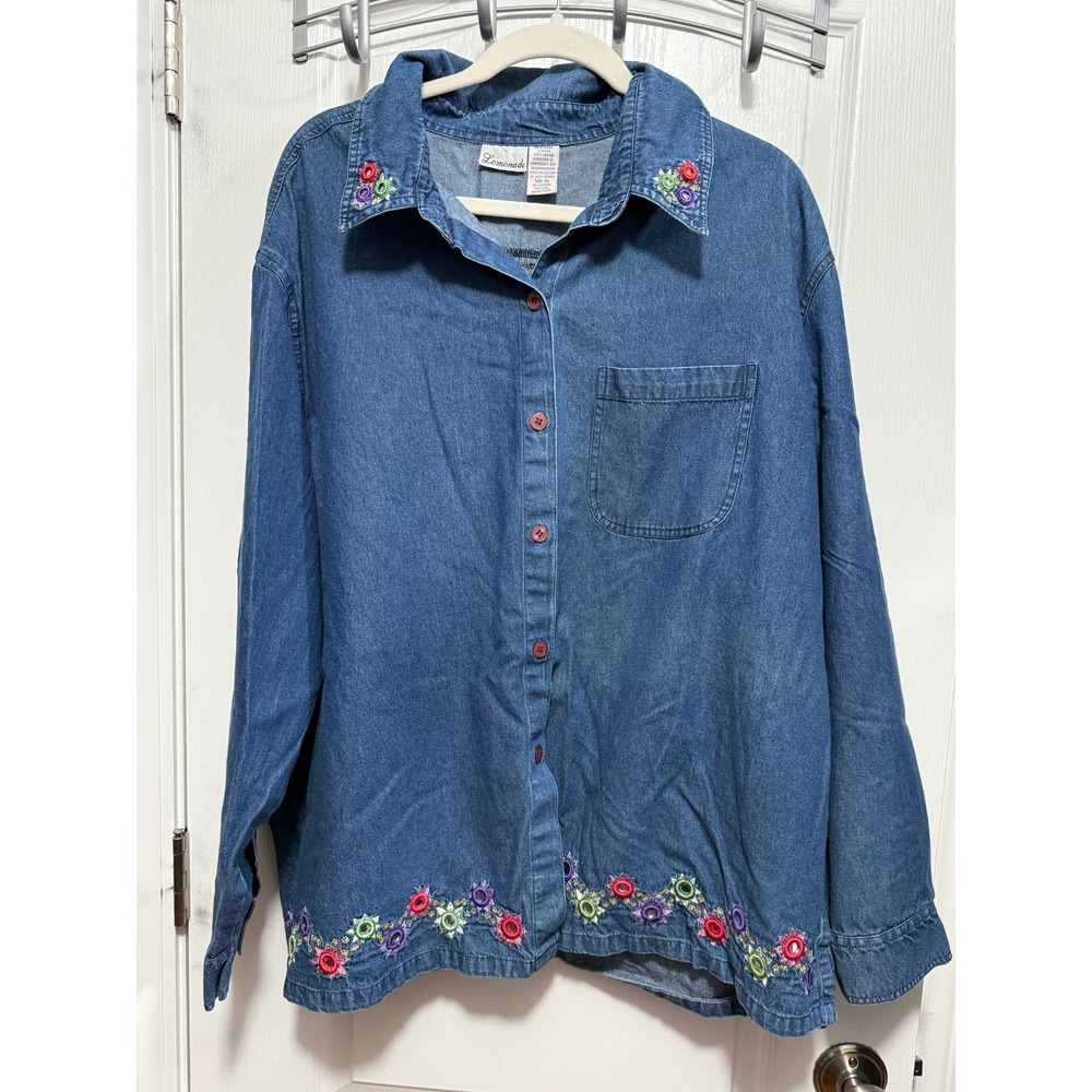 Lemonade Denim Shirt Women's 2X Blue Floral Embroidered Button Down Top‎